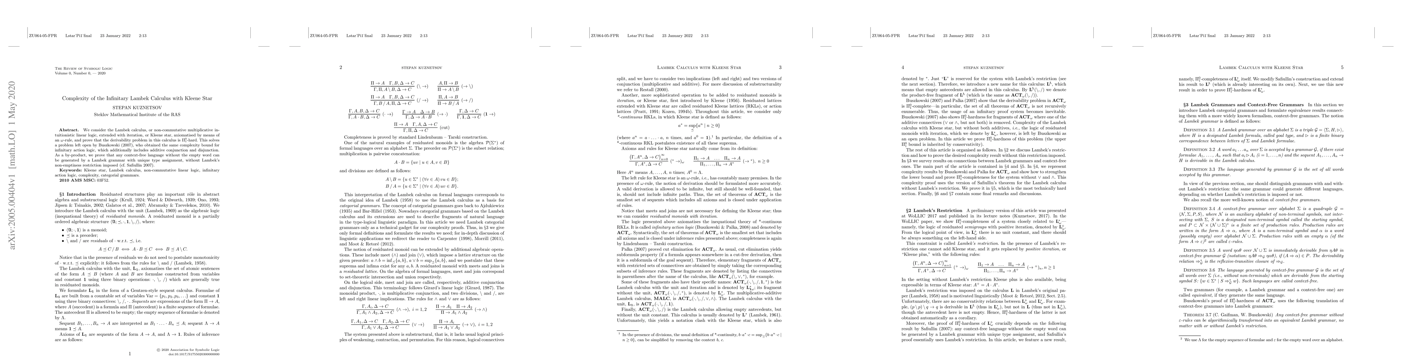 Thumbnail for Complexity of the Infinitary Lambek Calculus with Kleene Star