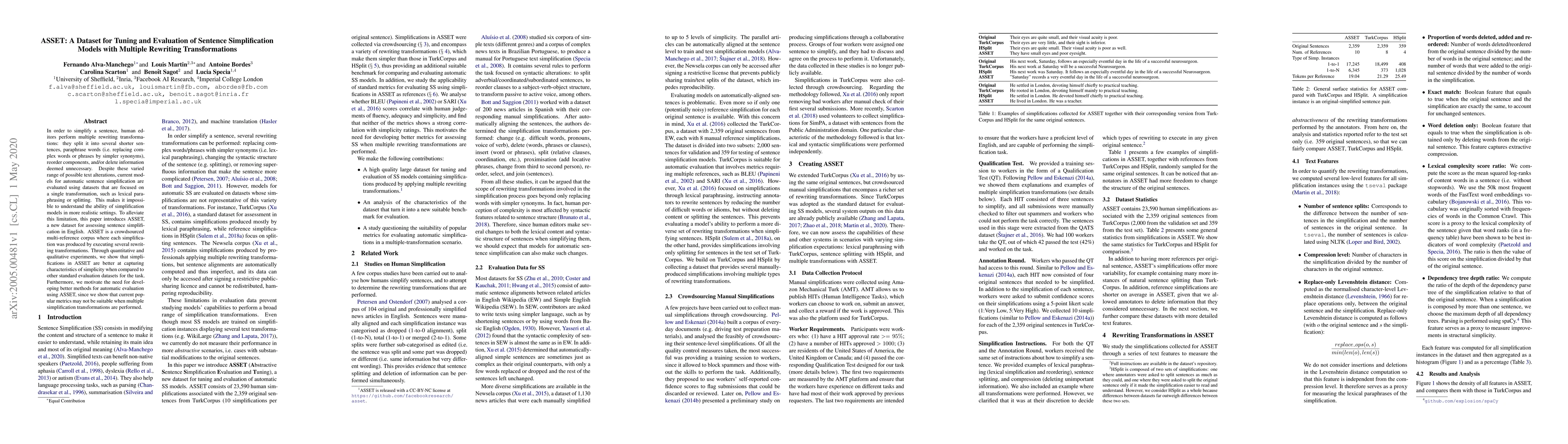 Thumbnail for ASSET: A Dataset for Tuning and Evaluation of Sentence Simplification
  Models with Multiple Rewriting Transformations