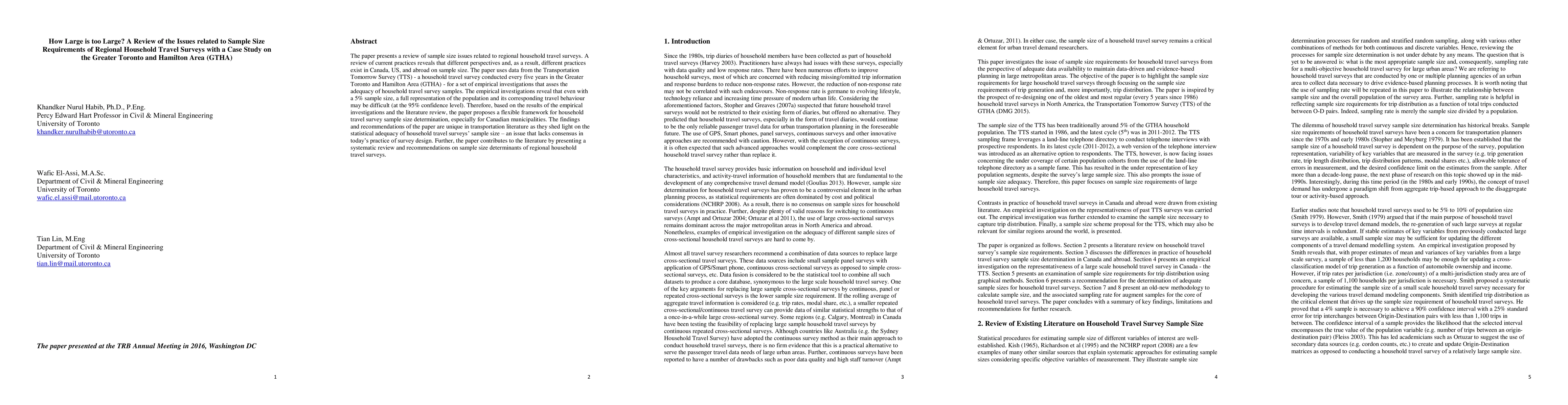 Thumbnail for How Large is too Large? A Review of the Issues related to Sample Size
  Requirements of Regional Household Travel Surveys with a Case Study on the
  Greater Toronto and Hamilton Area (GTHA)