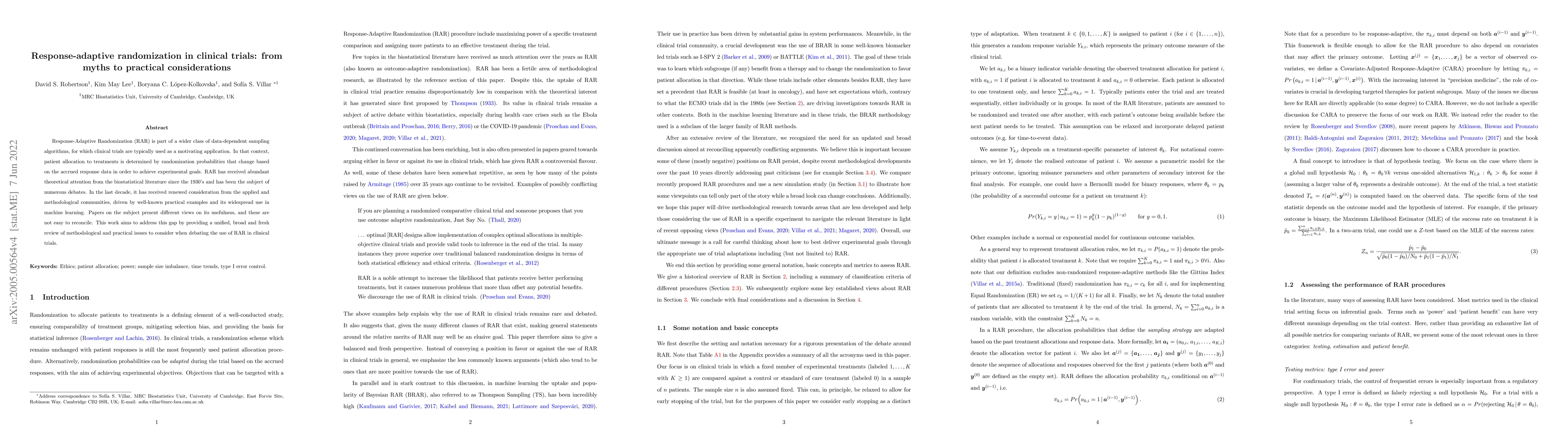 Thumbnail for Response-adaptive randomization in clinical trials: from myths to
  practical considerations