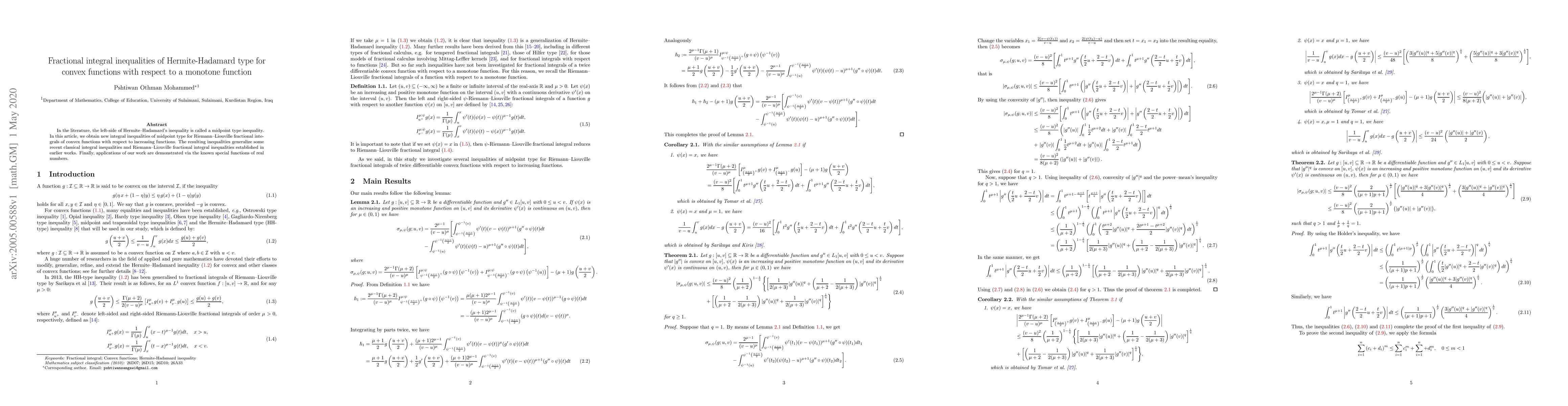 Thumbnail for Fractional integral inequalities of Hermite-Hadamard type for convex
  functions with respect to a monotone function