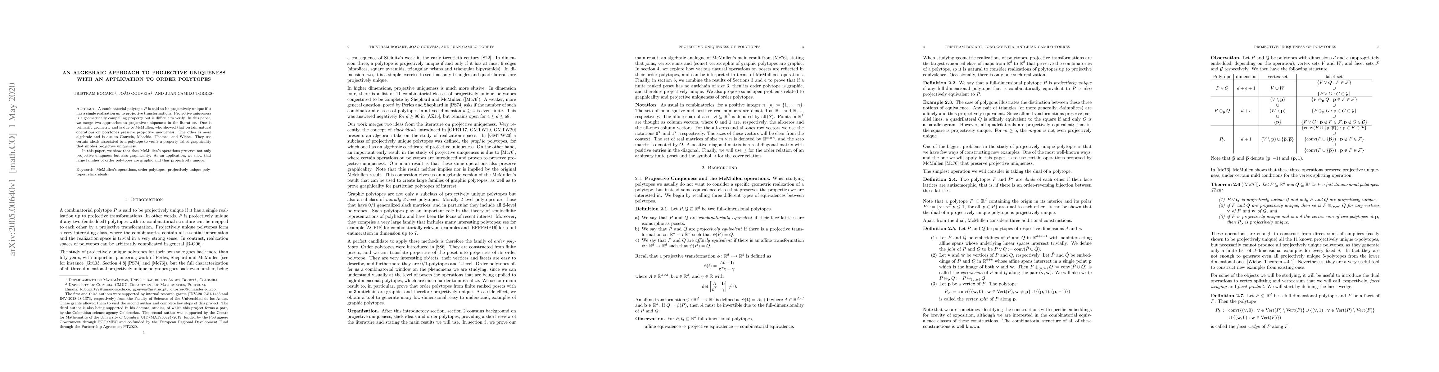 Thumbnail for An Algebraic Approach to Projective Uniqueness with an Application to
  Order Polytopes