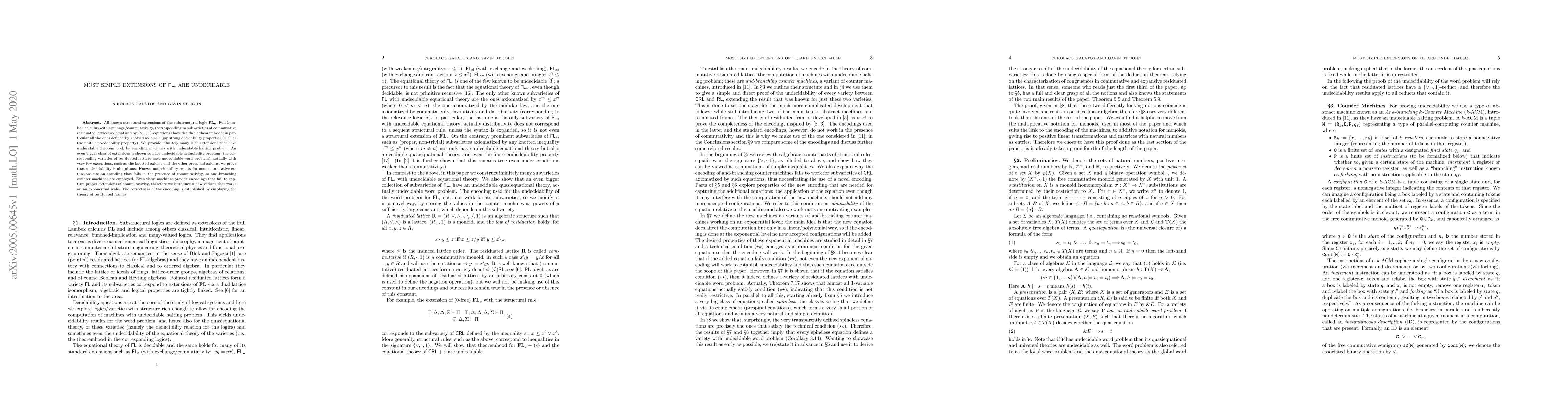 Thumbnail for Most simple extensions of $\mathsf{FL_e}$ are undecidable