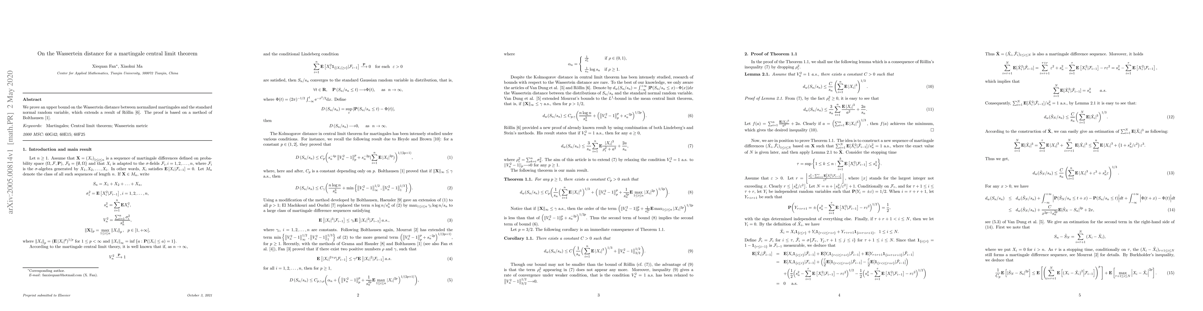 Thumbnail for On the Wassertein distance for a martingale central limit theorem