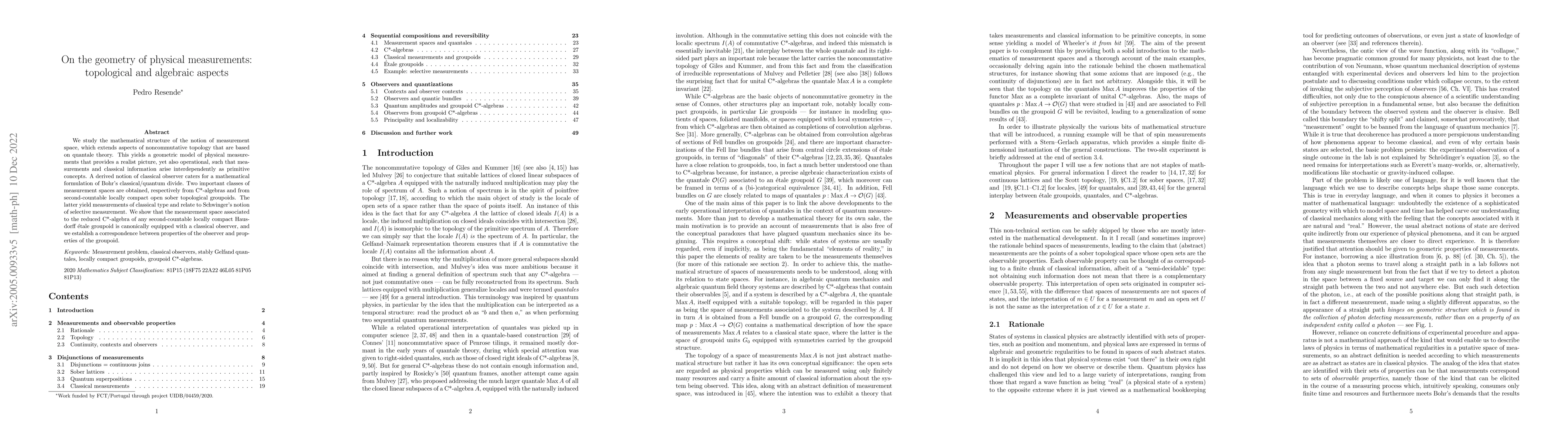 Thumbnail for On the geometry of physical measurements: topological and algebraic
  aspects
