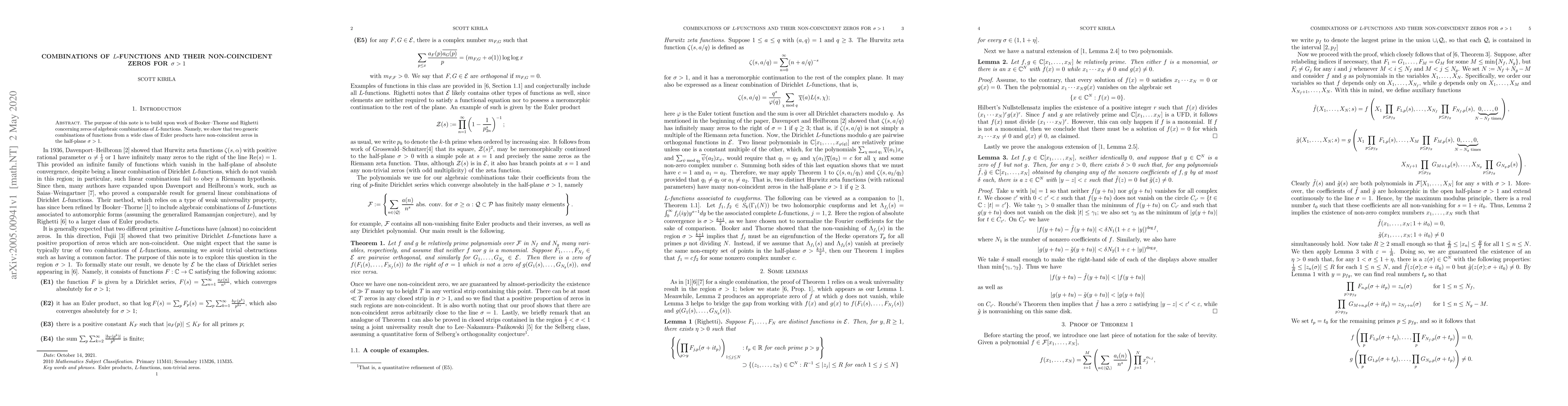Thumbnail for Combinations of $L$-functions and Their Non-coincident Zeros for
  $\sigma>1$