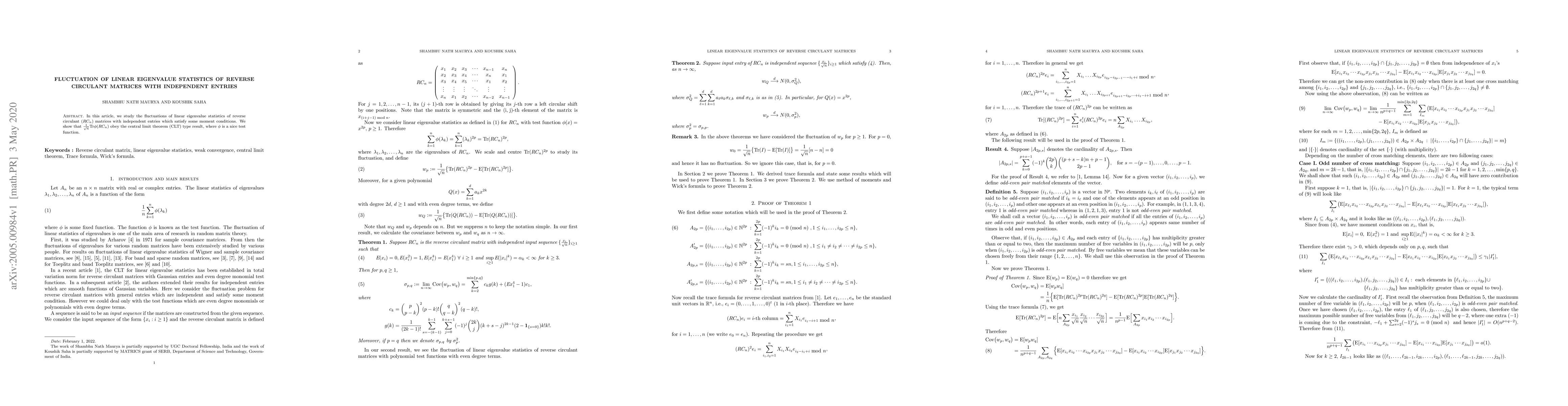 Thumbnail for Fluctuation of linear eigenvalue statistics of reverse circulant
  matrices with independent entries