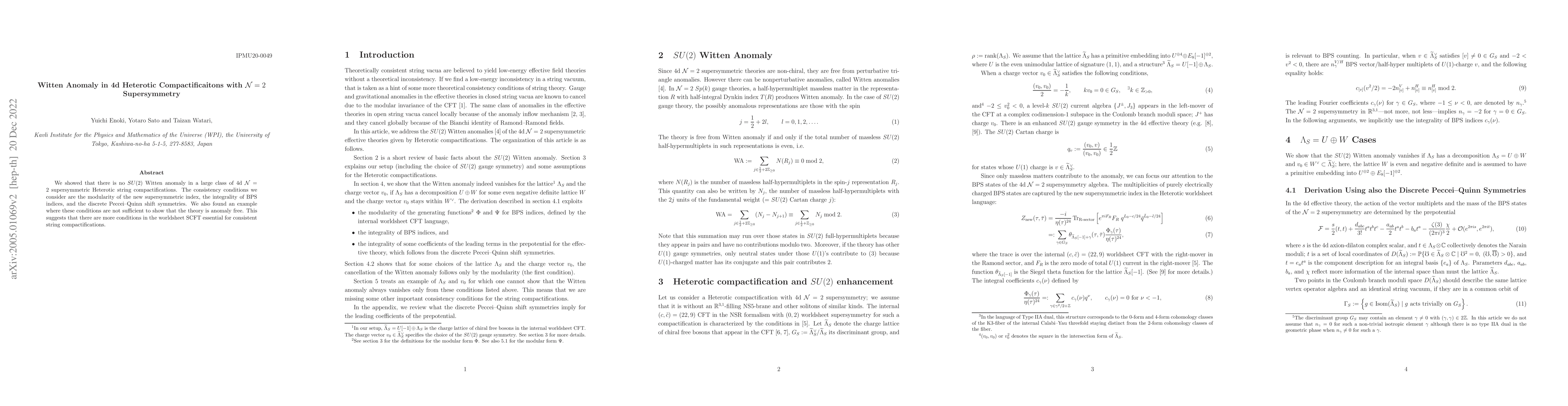 Thumbnail for Witten Anomaly in 4d Heterotic Compactificaitons with N = 2
  Supersymmetry