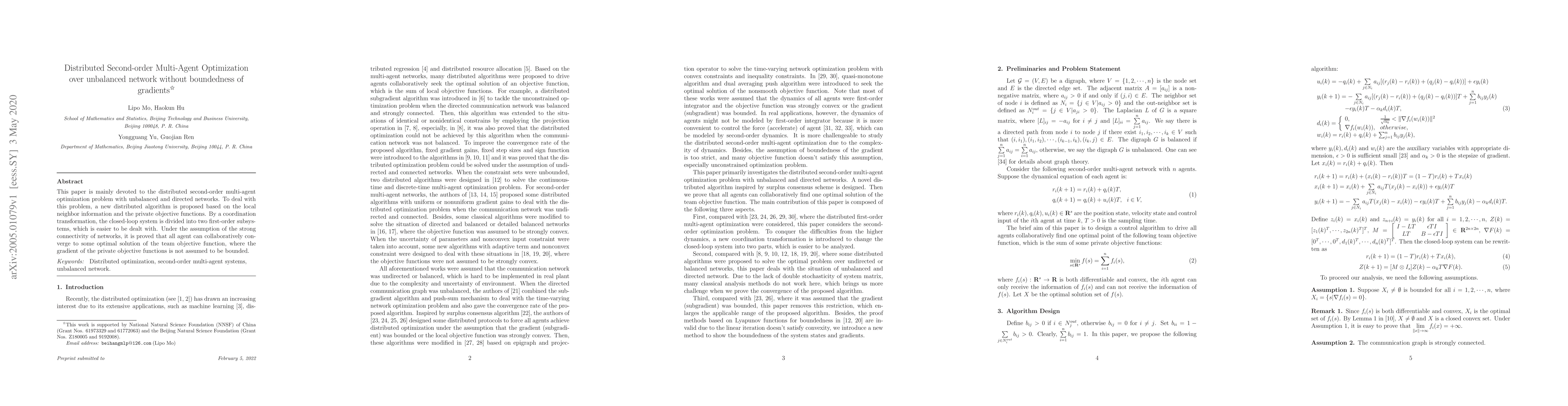 Thumbnail for Distributed Second-order Multi-Agent Optimization over unbalanced
  network without boundedness of gradients