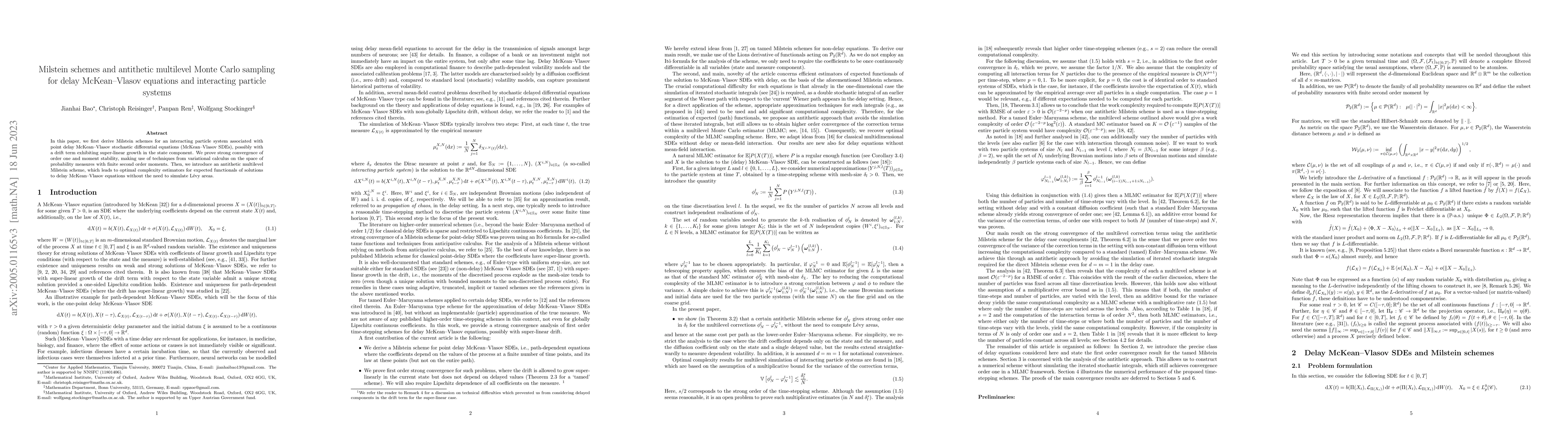 Thumbnail for Milstein schemes and antithetic multilevel Monte Carlo sampling for
  delay McKean-Vlasov equations and interacting particle systems