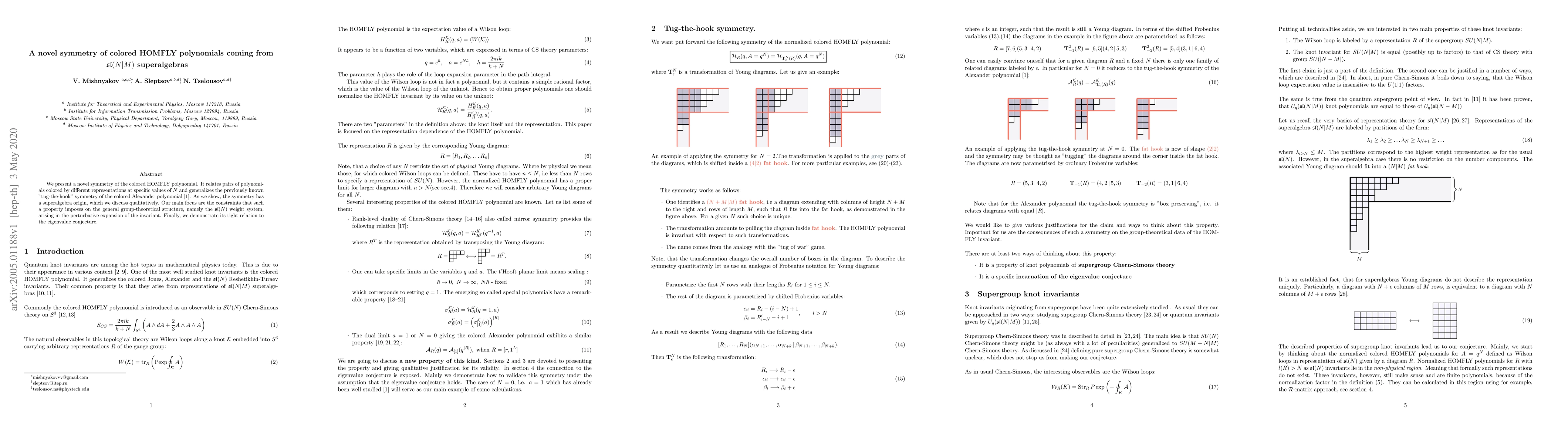 Thumbnail for A novel symmetry of colored HOMFLY polynomials coming from
  $\mathfrak{sl}(N|M)$ superalgebras