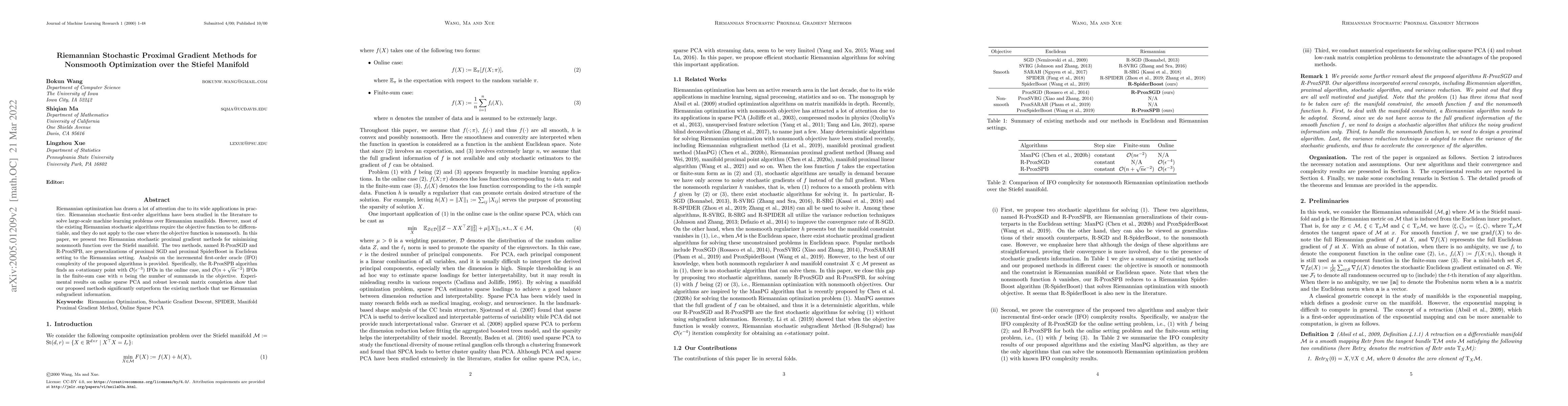 Thumbnail for Riemannian Stochastic Proximal Gradient Methods for Nonsmooth
  Optimization over the Stiefel Manifold