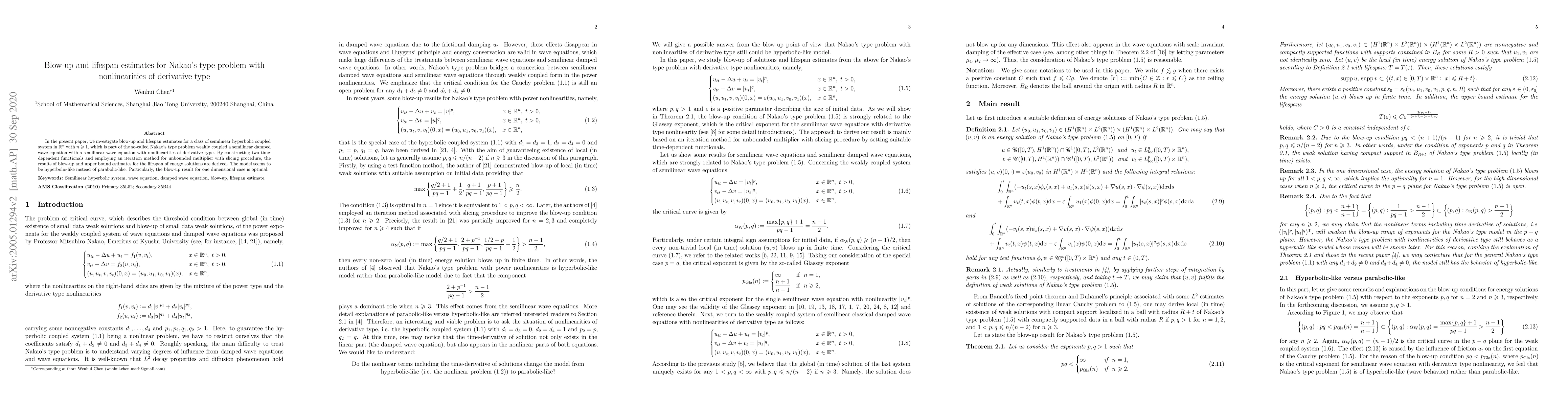 Thumbnail for Blow-up and lifespan estimates for Nakao's type problem with
  nonlinearities of derivative type