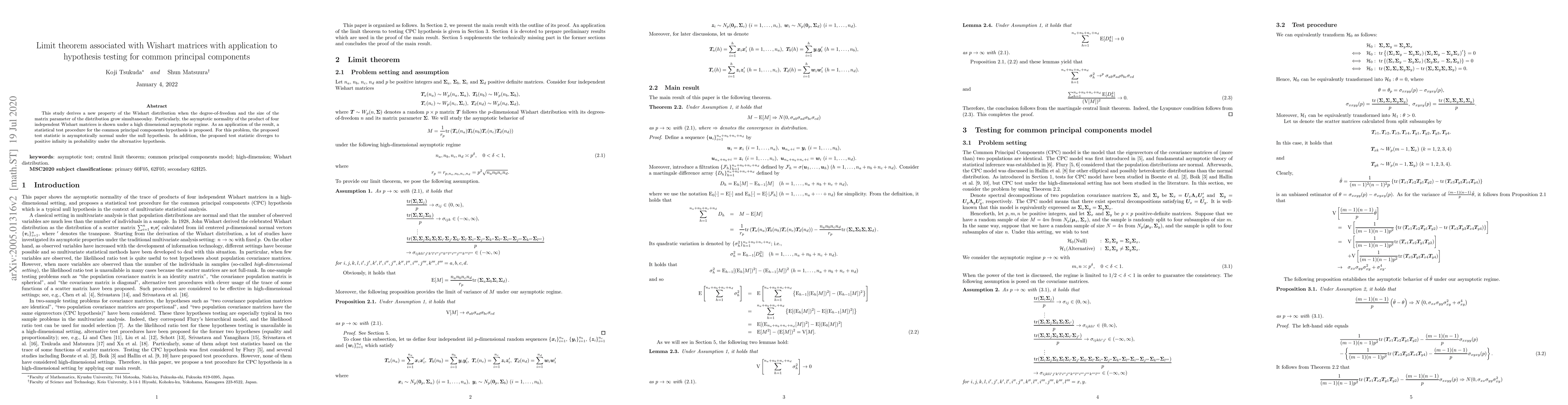 Thumbnail for Limit theorem associated with Wishart matrices with application to
  hypothesis testing for common principal components