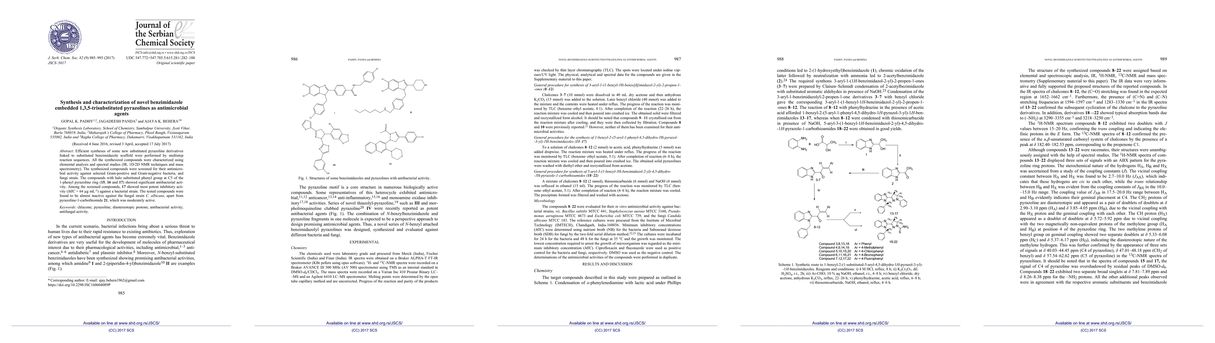 Thumbnail for Synthesis and characterization of novel benzimidazole embedded
  1,3,5-trisubstituted pyrazolines as antimicrobial agents