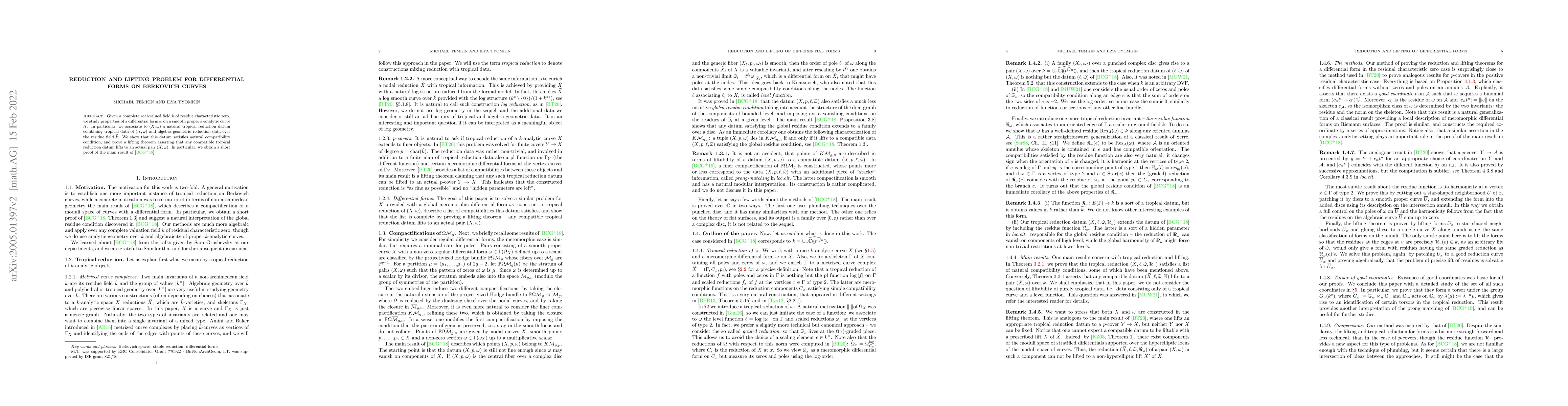 Thumbnail for Reduction and lifting problem for differential forms on Berkovich curves