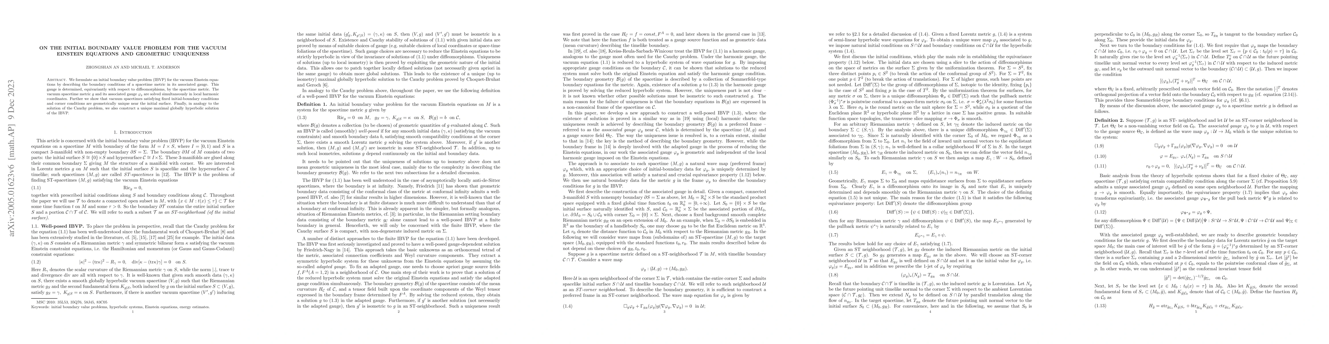 Thumbnail for On the initial boundary value problem for the vacuum Einstein equations
  and geometric uniqueness