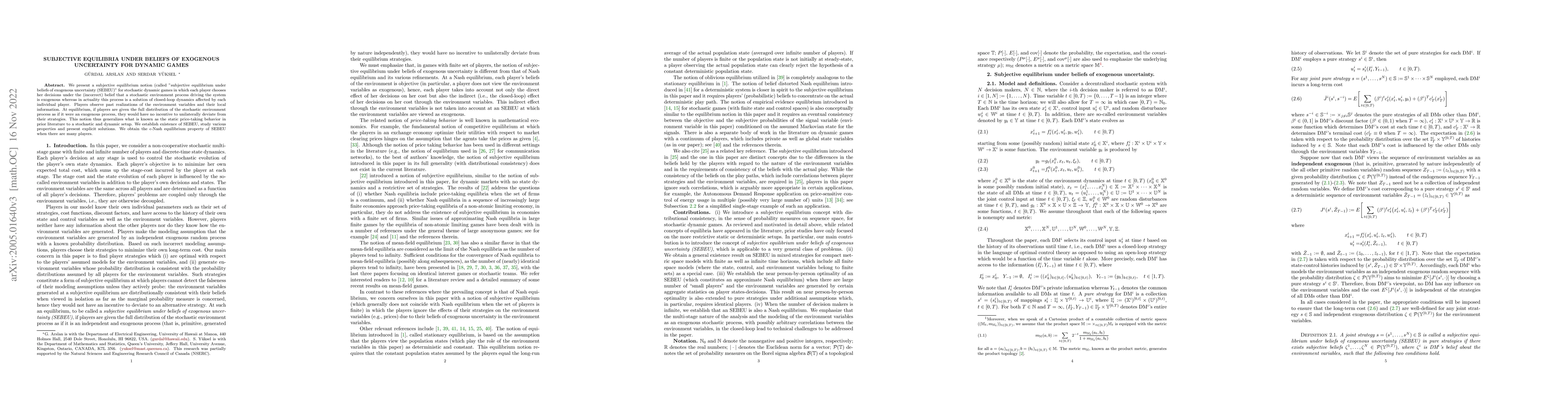 Thumbnail for Subjective Equilibria under Beliefs of Exogenous Uncertainty for Dynamic
  Games
