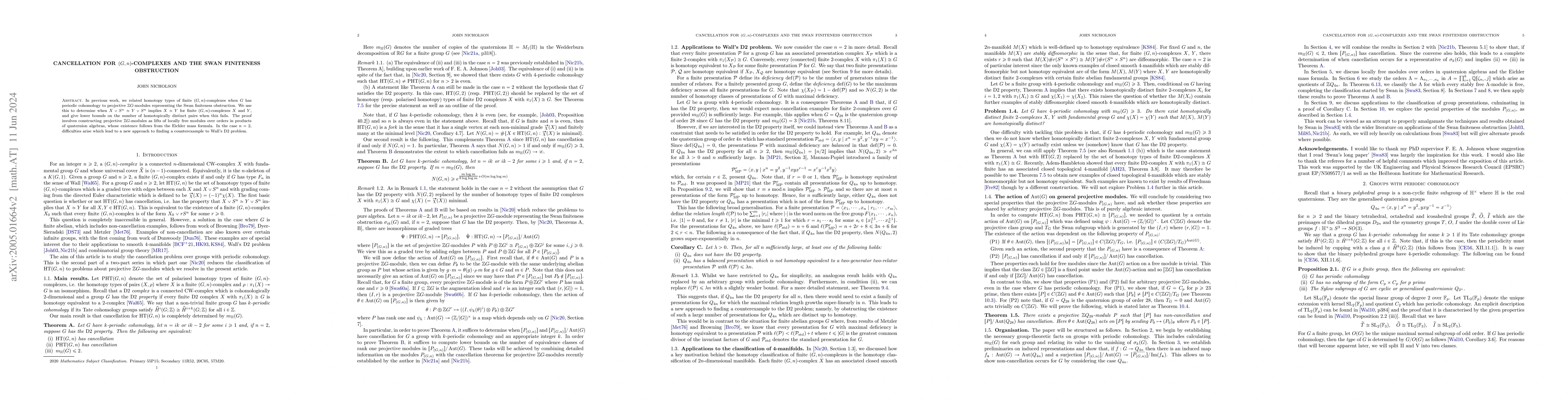 Thumbnail for Cancellation for $(G,n)$-complexes and the Swan finiteness obstruction