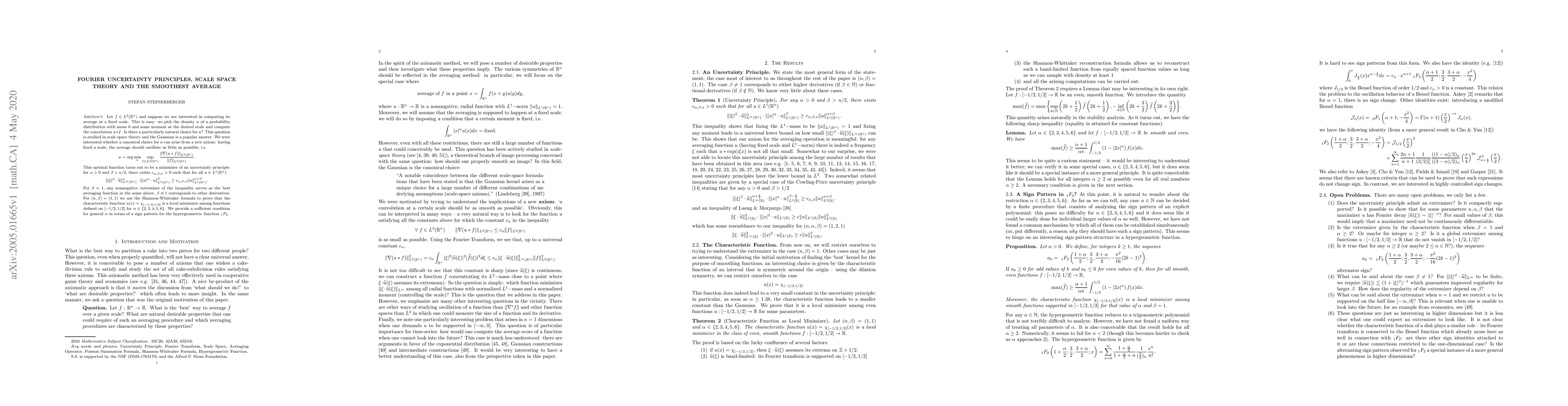 Thumbnail for Fourier Uncertainty Principles, Scale Space Theory and the Smoothest
  Average