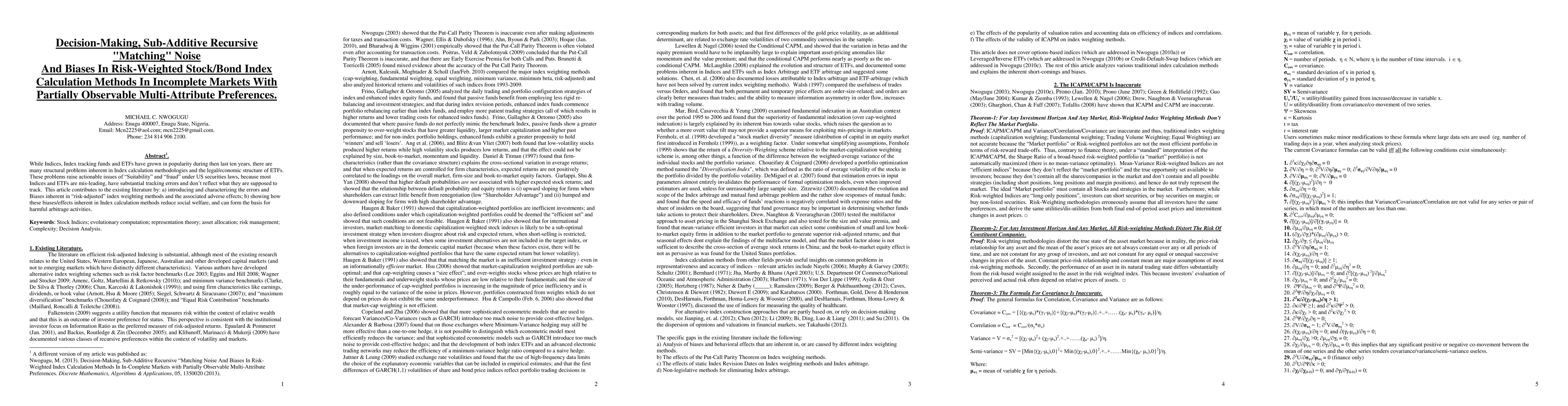 Thumbnail for Decision-Making, Sub-Additive Recursive "Matching" Noise And Biases In
  Risk-Weighted Stock/Bond Index Calculation Methods In Incomplete Markets With
  Partially Observable Multi-Attribute Preferences
