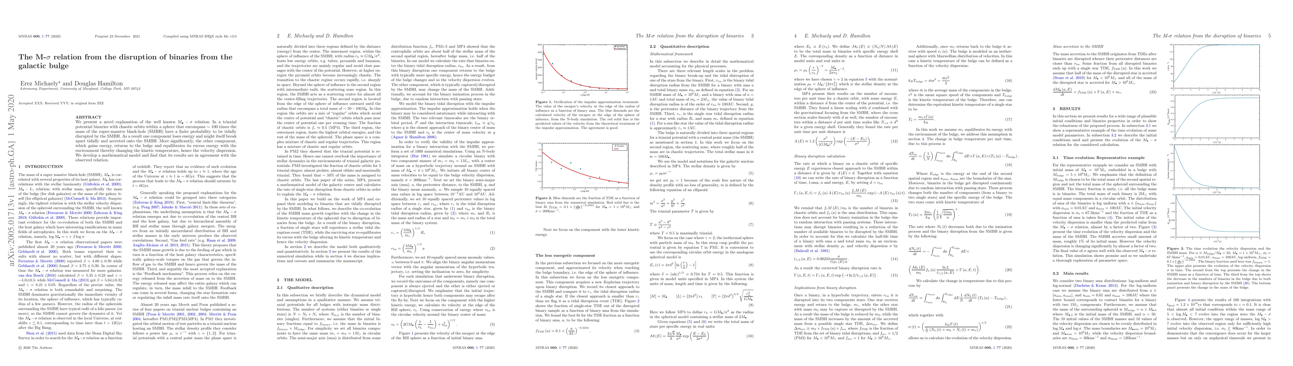Thumbnail for The M-$\sigma$ relation from the disruption of binaries from the
  galactic bulge