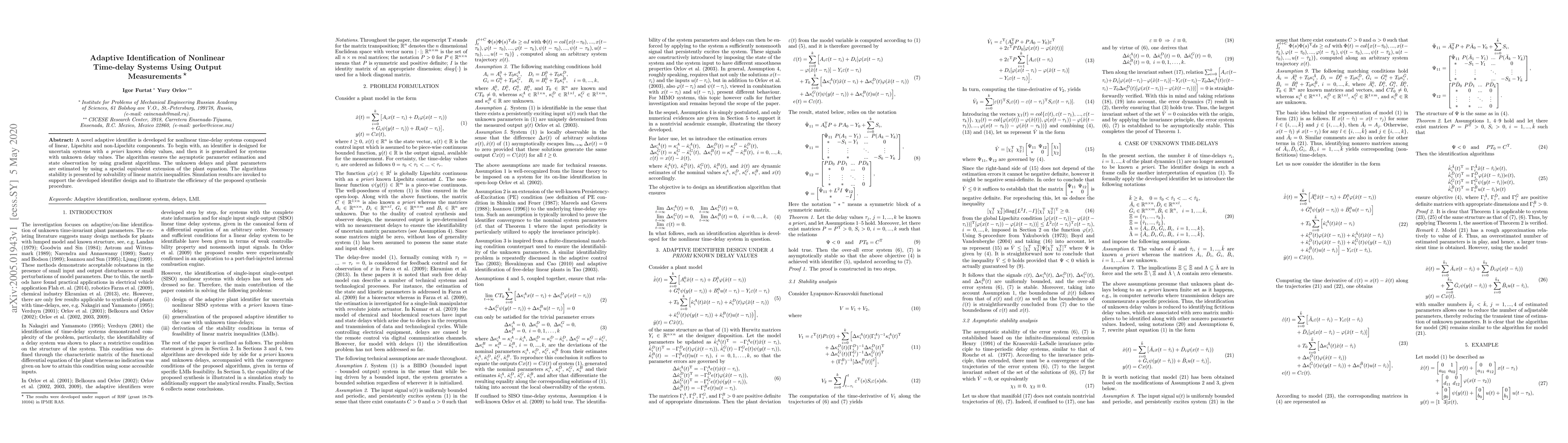 Thumbnail for Adaptive Identification of Nonlinear Time-delay Systems Using Output
  Measurements