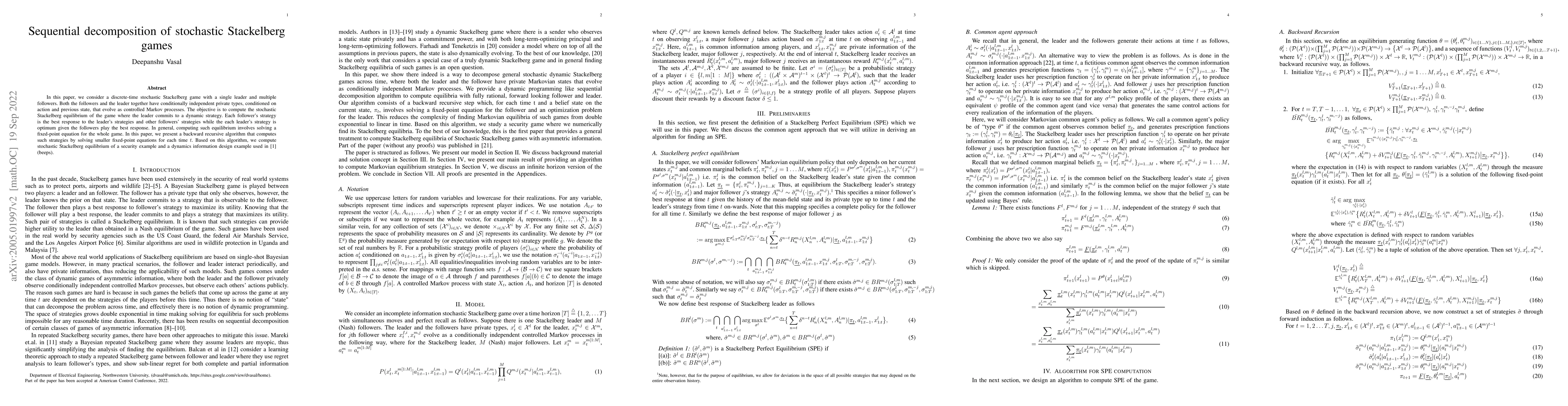 Thumbnail for Sequential decomposition of stochastic Stackelberg games