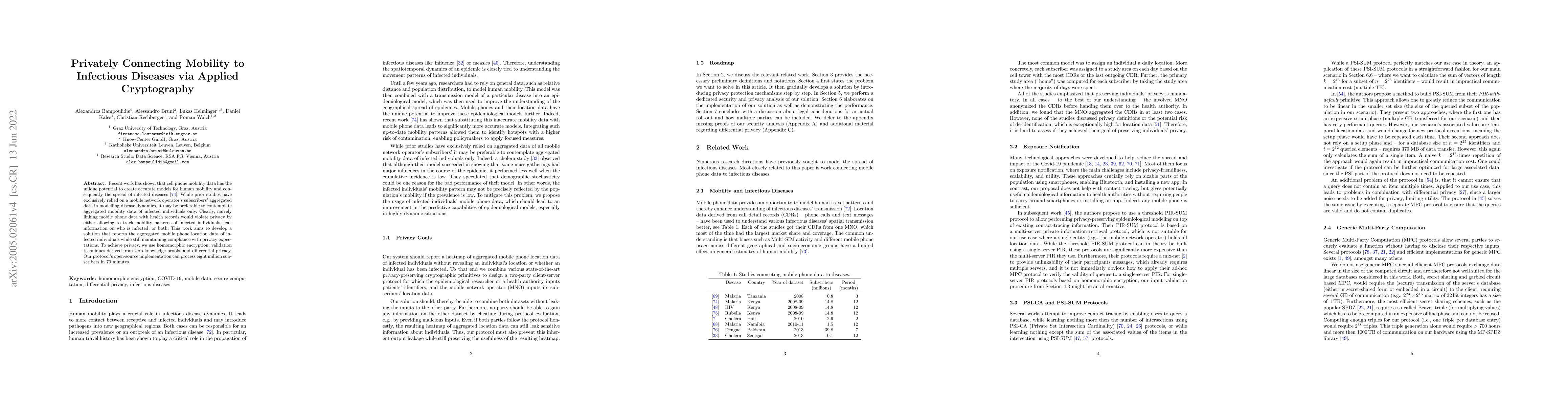 Thumbnail for Privately Connecting Mobility to Infectious Diseases via Applied
  Cryptography
