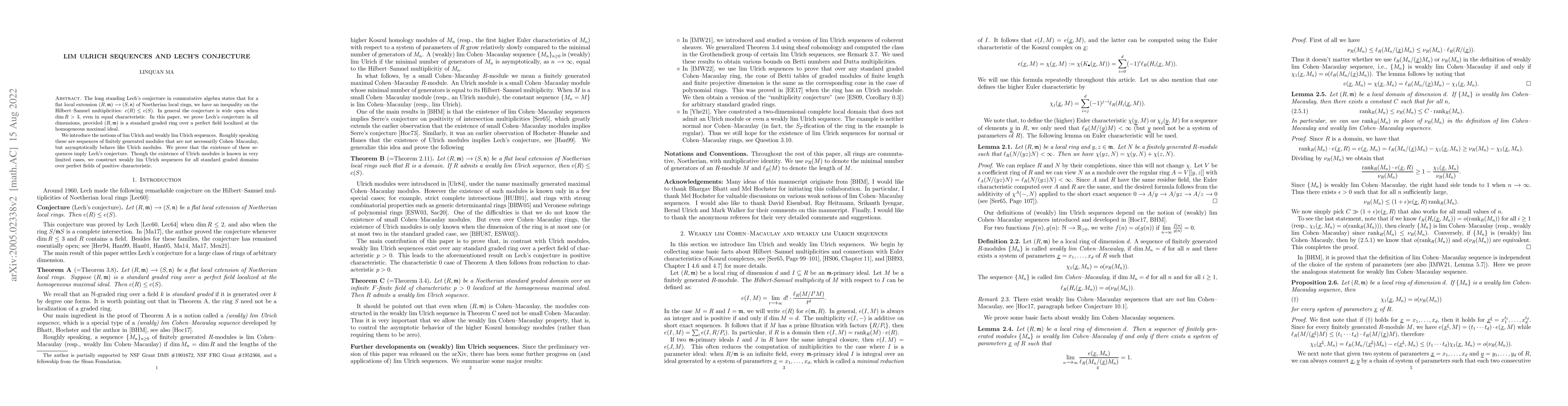 Thumbnail for Lim Ulrich sequences and Lech's conjecture