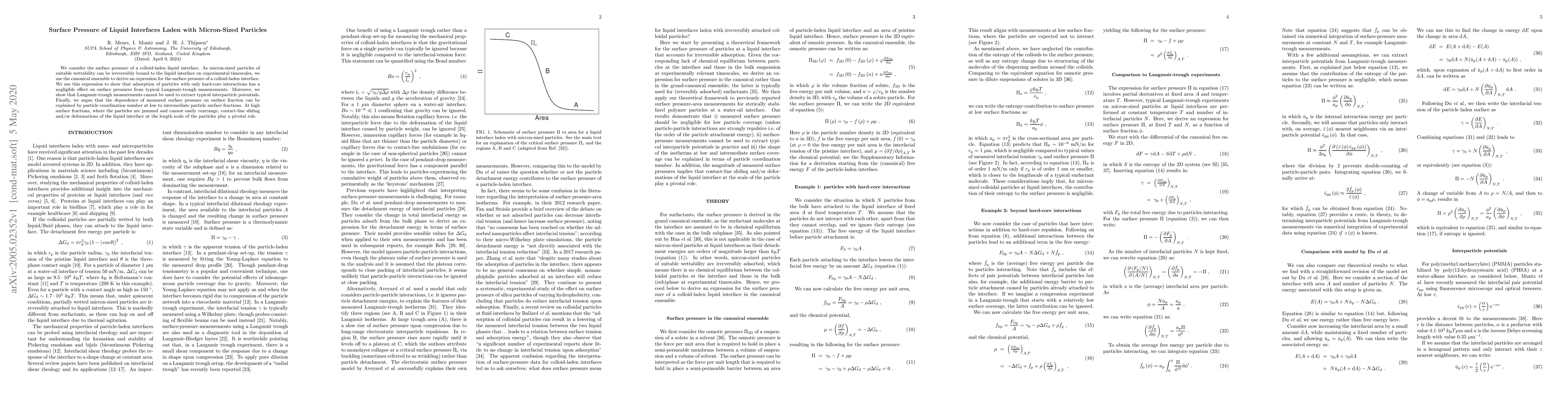 Thumbnail for Surface Pressure of Liquid Interfaces Laden with Micron-Sized Particles