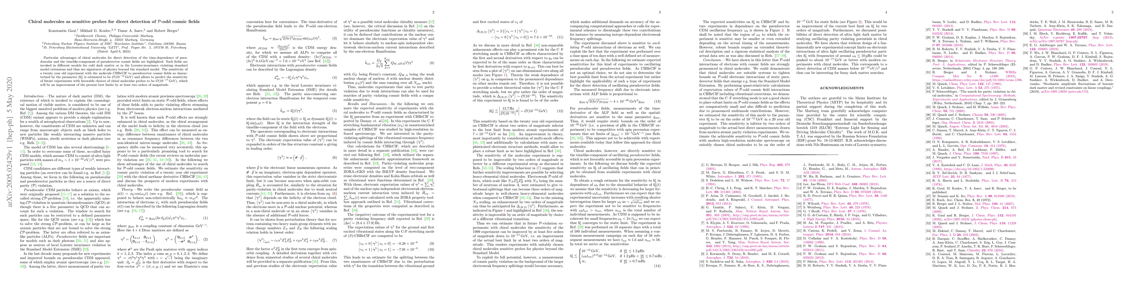 Thumbnail for Chiral molecules as sensitive probes for direct detection of
  $\mathcal{P}$-odd cosmic fields