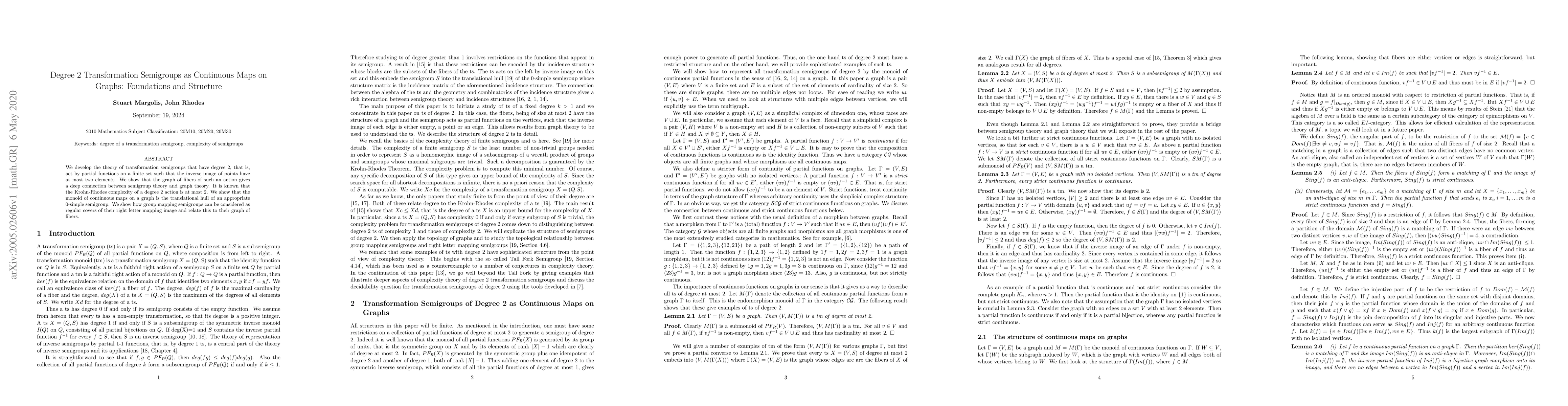 Thumbnail for Degree 2 Transformation Semigroups as Continuous Maps on Graphs:
  Foundations and Structure