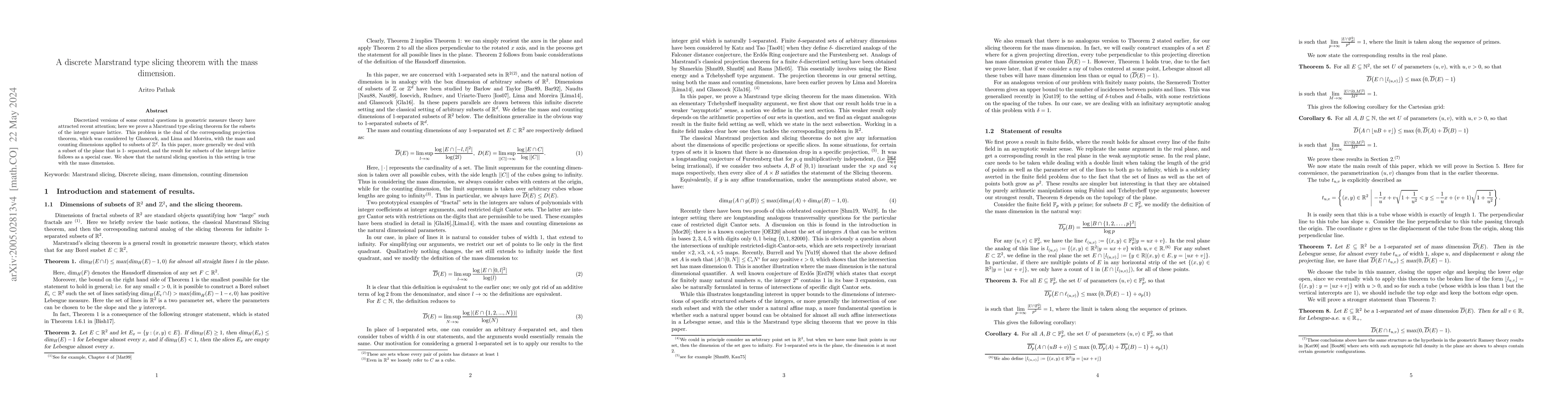 Thumbnail for A Marstrand type slicing theorem for subsets of $\mathbb{Z}^2 \subset
  \mathbb{R}^2$ with the mass dimension