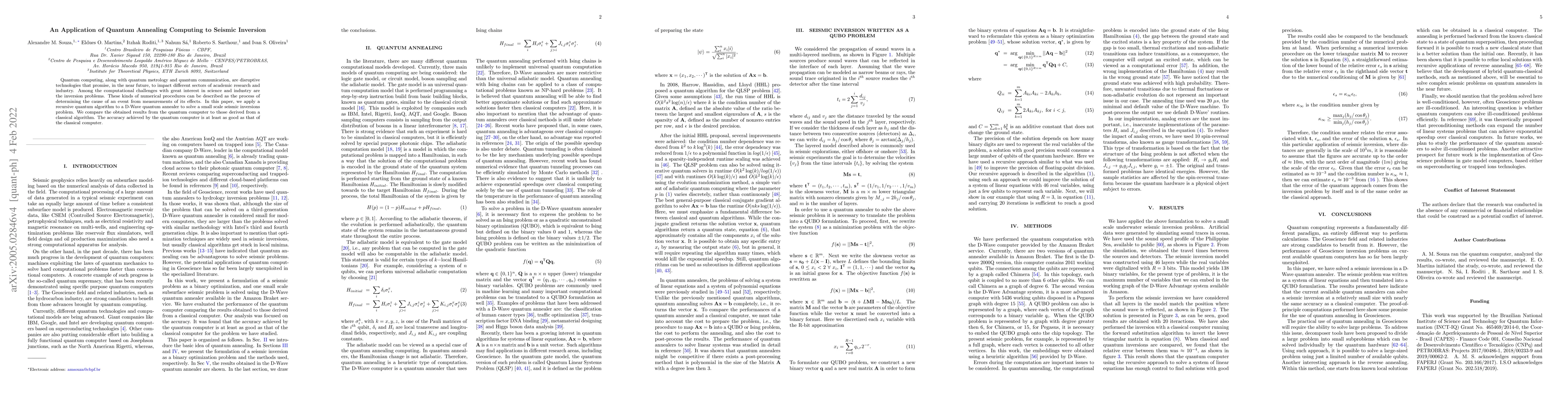 Thumbnail for An Application of Quantum Annealing Computing to Seismic Inversion
