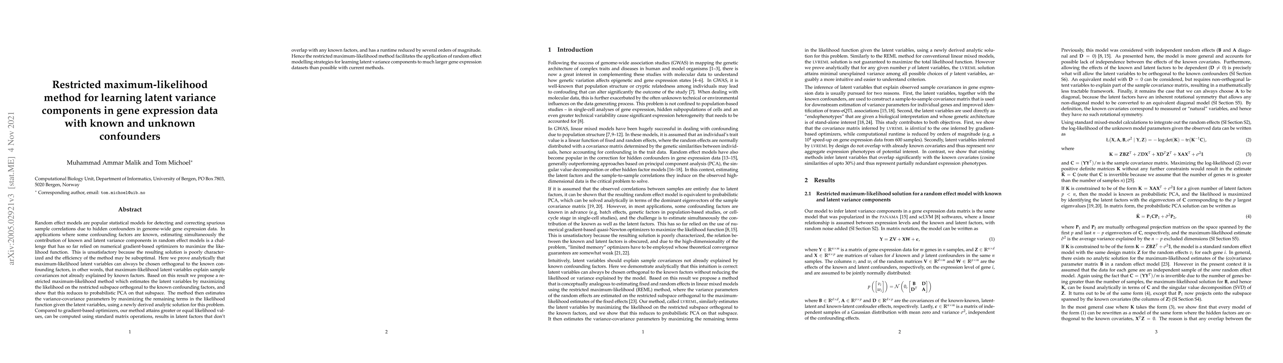 Thumbnail for Restricted maximum-likelihood method for learning latent variance
  components in gene expression data with known and unknown confounders