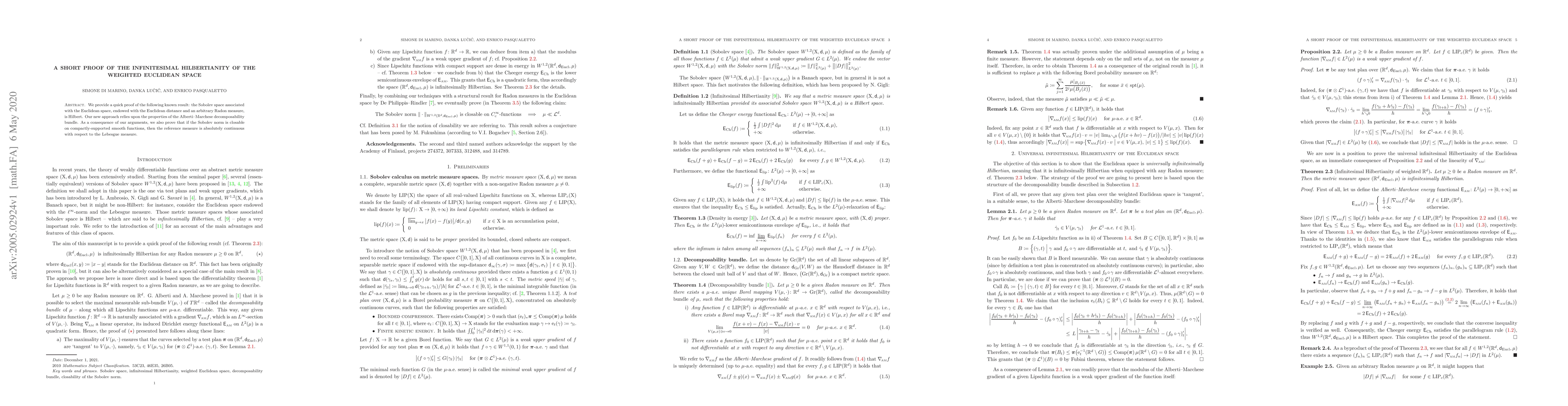 Thumbnail for A short proof of the infinitesimal Hilbertianity of the weighted
  Euclidean space