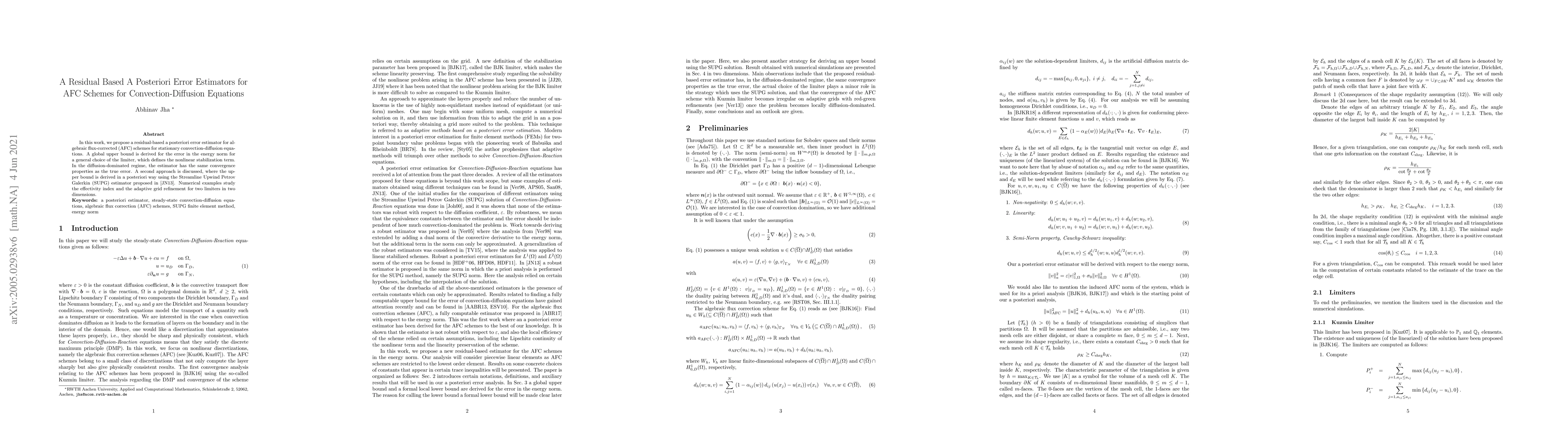 Thumbnail for A Residual Based A Posteriori Error Estimators for AFC Schemes for
  Convection-Diffusion Equations