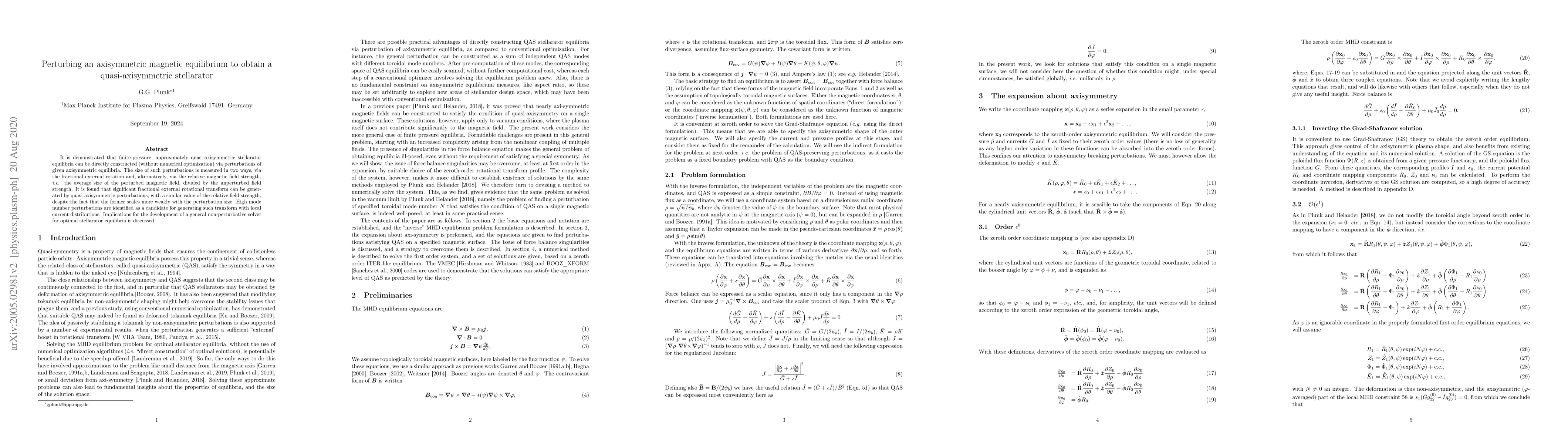 Thumbnail for Perturbing an axisymmetric magnetic equilibrium to obtain a
  quasi-axisymmetric stellarator