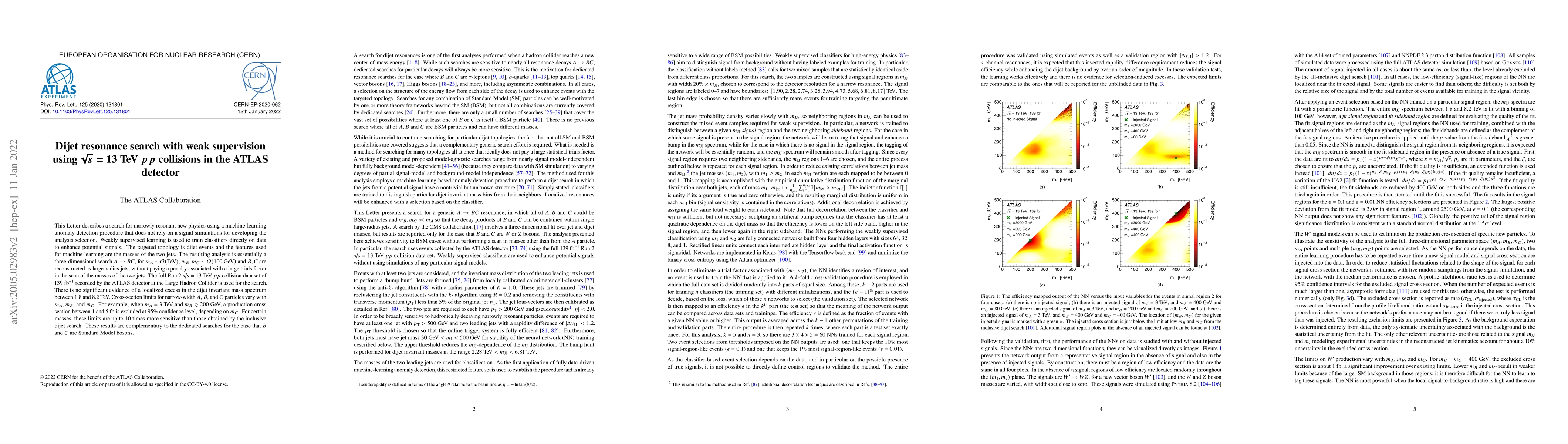 Thumbnail for Dijet resonance search with weak supervision using $\sqrt{s}=13$ TeV
  $pp$ collisions in the ATLAS detector