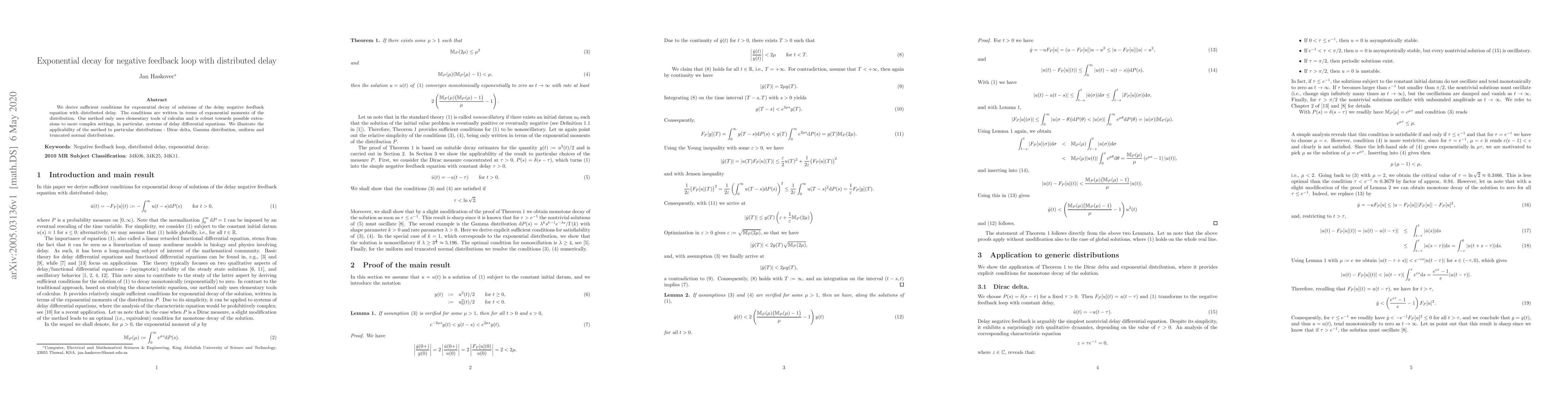 Thumbnail for Exponential decay for negative feedback loop with distributed delay
