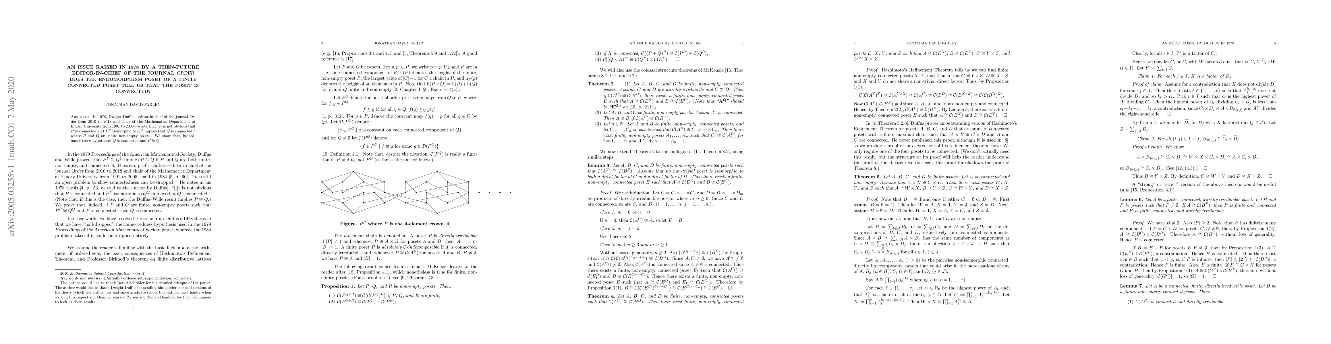 Thumbnail for An Issue Raised in 1978 by a Then-Future Editor-in-Chief of the Journal
  "Order": Does the Endomorphism Poset of a Finite Connected Poset Tell Us That
  the Poset Is Connected?