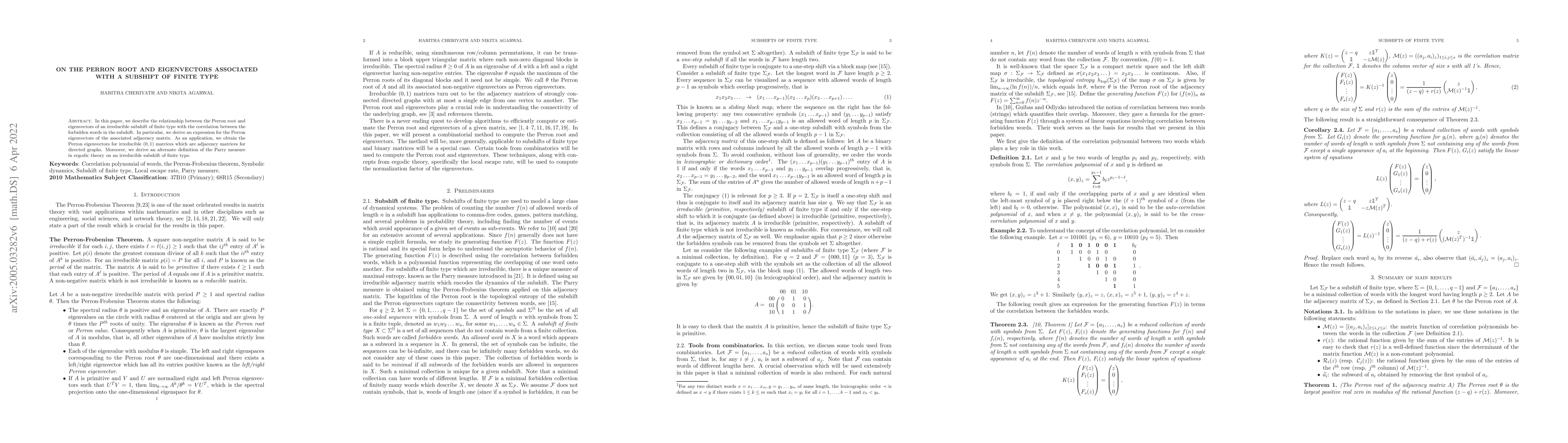 Thumbnail for On the Perron root and eigenvectors associated with a subshift of finite
  type