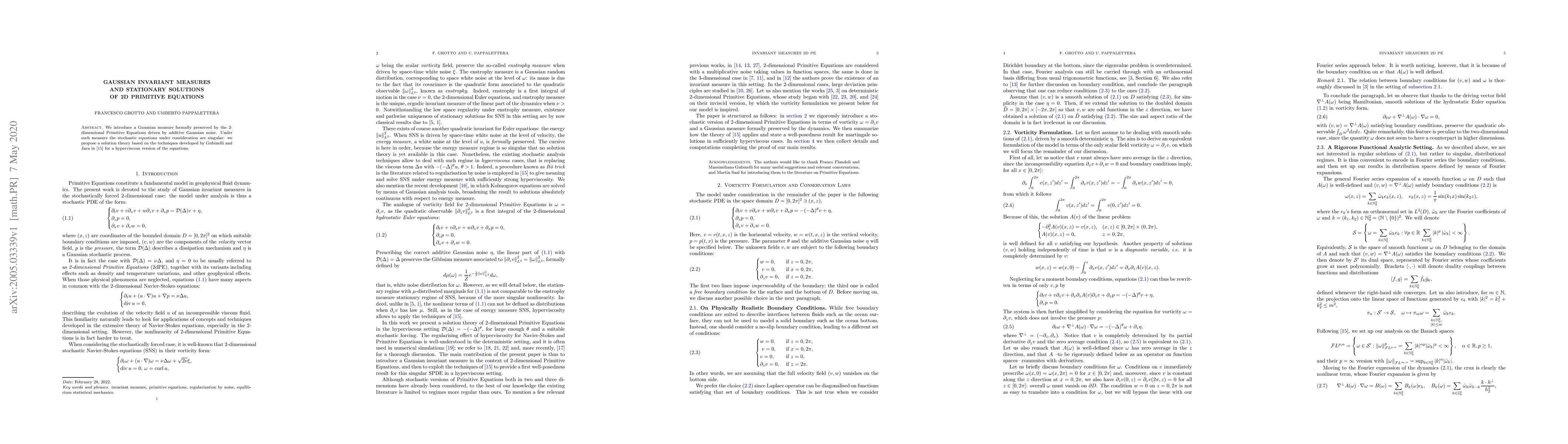 Thumbnail for Gaussian invariant measures and stationary solutions of 2D Primitive
  Equations