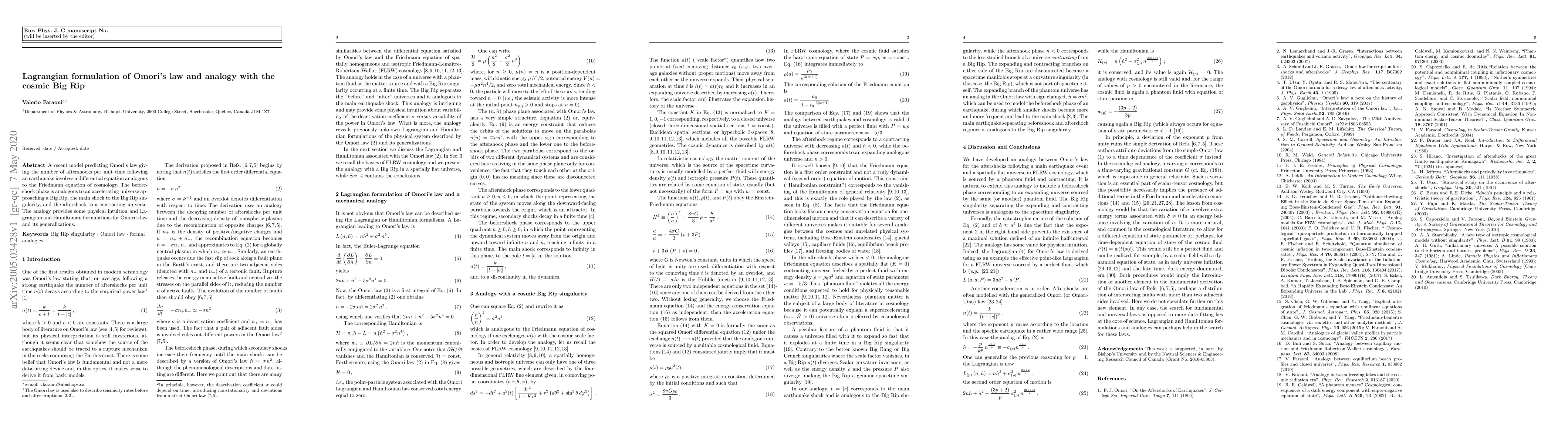 Thumbnail for Lagrangian formulation of Omoriis law and analogy with the cosmic Big
  Rip