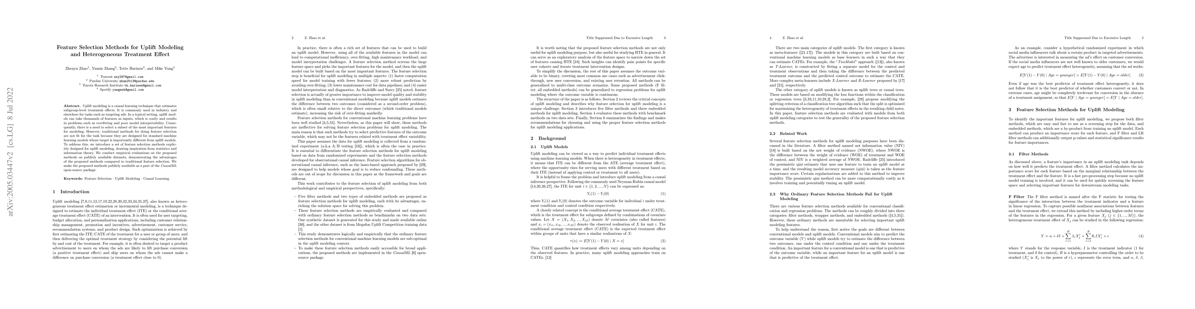 Thumbnail for Feature Selection Methods for Uplift Modeling and Heterogeneous
  Treatment Effect