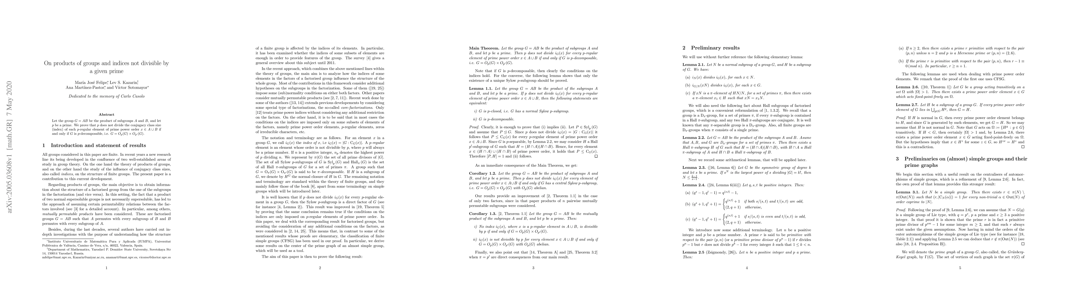 Thumbnail for On products of groups and indices not divisible by a given prime