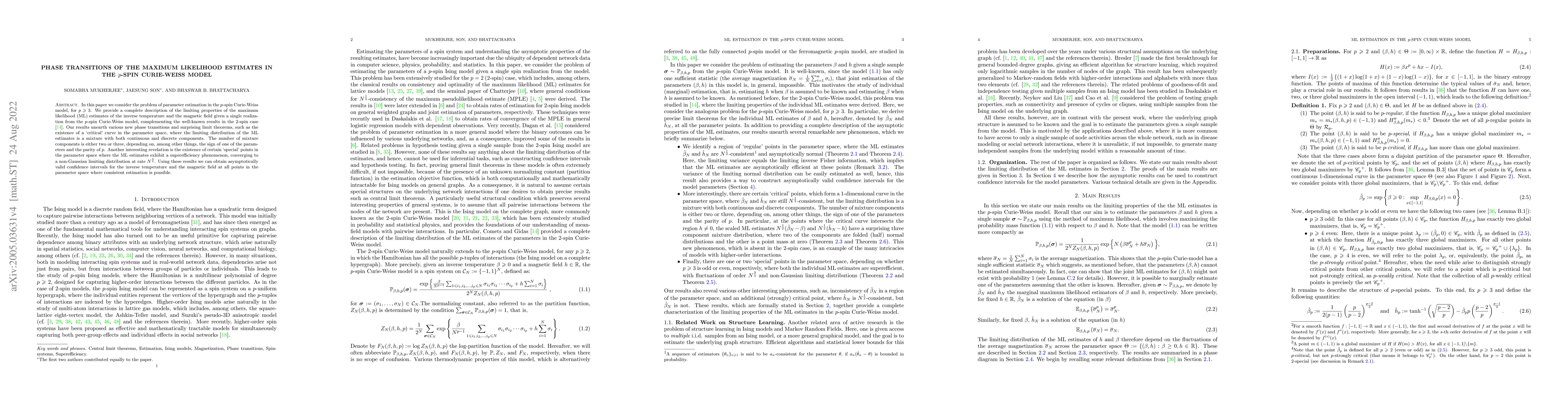 Thumbnail for Phase Transitions of the Maximum Likelihood Estimates in the $p$-Spin
  Curie-Weiss Model