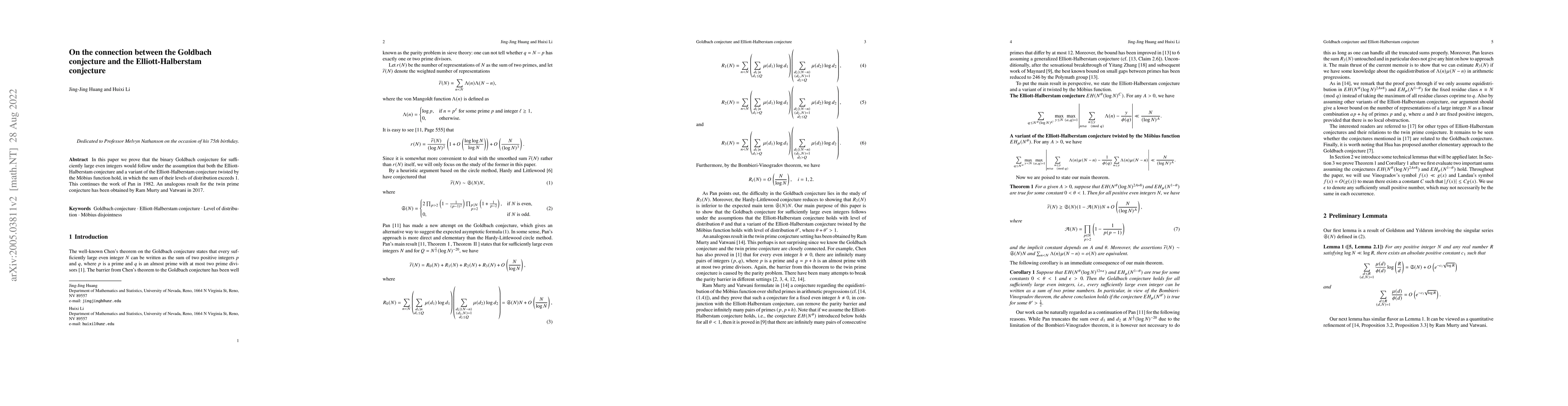 Thumbnail for On the connection between the Goldbach conjecture and the
  Elliott-Halberstam conjecture