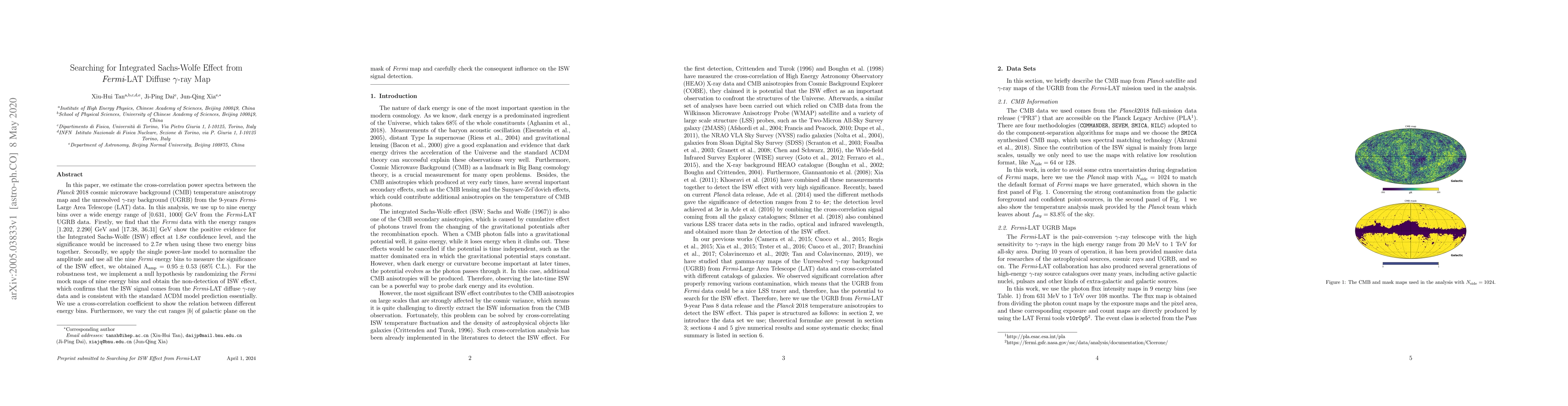Thumbnail for Searching for Integrated Sachs-Wolfe Effect from Fermi-LAT Diffuse
  $\gamma$-ray Map